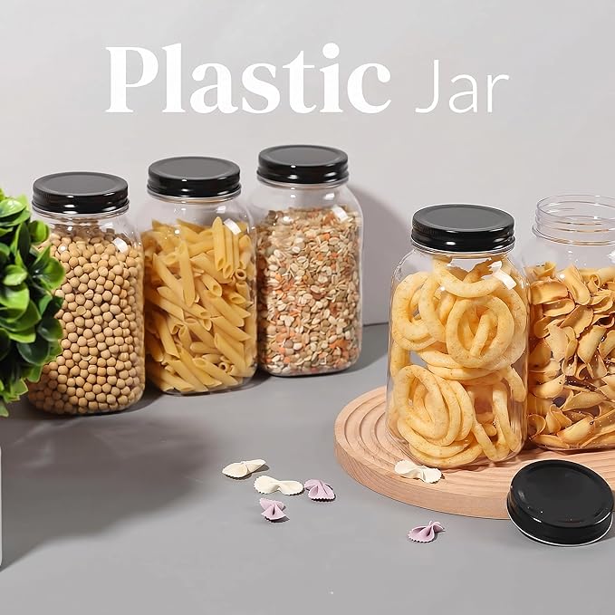novelinks 32 oz Mason Jars with Plastic Lids, 8 Pack Large Plastic Salad Jars with Lids 32oz, Reusable Spice Containers & Kitchen Jars for Pantry Organization (8 Pack,Black)