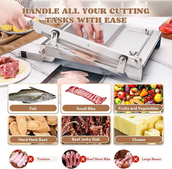 Moongiantgo Manual Frozen Meat Slicer Bone Short Rib Cutter Chicken Chopper Machine 13.5 Inch Double Blade Heavy Duty Guillotine Biltong Cutter for Korean BBQ Shabu Hot Pot (KD0288)