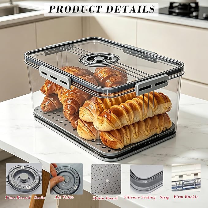 Bread Box Bread Boxes with Lid for Kitchen Counter, Airtight Loaf Bread Storage Container,Large Time Recording Bread Keeper for Homemade Bread, Toast, Bagel, Donut and Cookies ,Gifts for Mom Dad