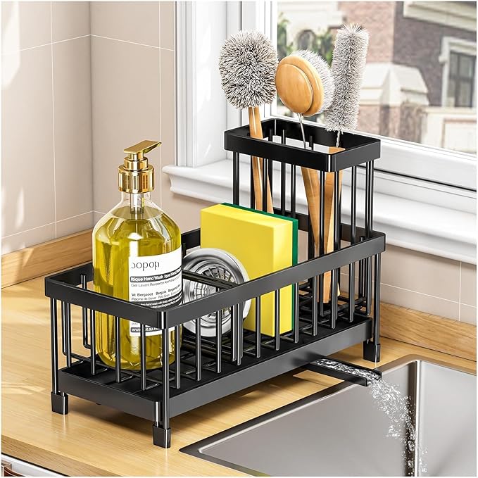 Black Sponge Holder for Kitchen Sink, Sink Caddy with Brush Holder Self-draining Sponge, Sturdy Rustproof Stainless Steel Kitchen Countertop Organizer for Soap Dispenser