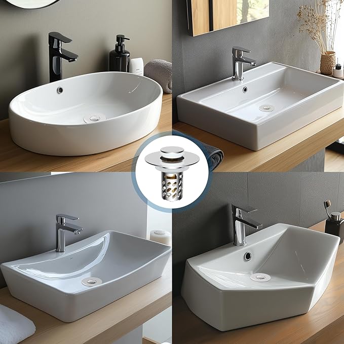 iFealClear Universal Metal Bathroom Sink Stopper, Pop Up Sink Drain Strainer with Removable Stainless Steel Hair Catcher Filter Basket, Drain Stopper for 1.1"-2.36" Basin, Brass Bounce Core,Chrome