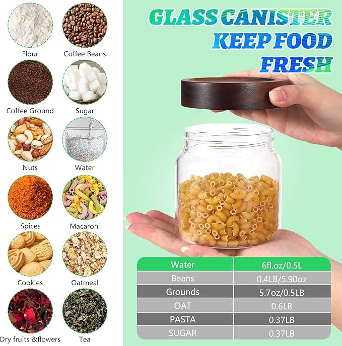 16 oz Glass Jars with Acacia Wood Airtight Lids Spice Jar Herb Storage Canister with Wooden Lid Clear Glass Food Jar for Sugar Pantry Tea Coffee Bean Spice Cookies (500ml/16oz-2pack)