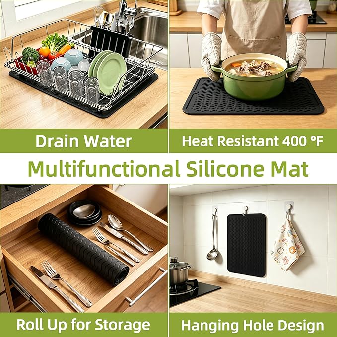 in Sink Expandable Dish Drying Rack with Silicone Mat-Extra Large Stainless Steel Dish Drainer Over The Sink with Utensil Holder, Applicable for Sink Width 16'-22' (Silver,23.2'*12.2')