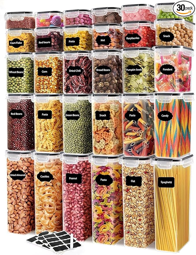 JUJOJB Airtight Food Storage Containers Set with Lids - 30 pack, BPA Free Plastic Kitchen and Pantry Organization, Plastic Leak-proof Canisters for Cereal Flour & Sugar - Labels & Marker