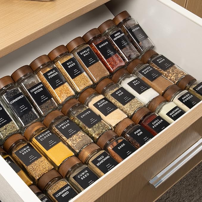 Yangbaga Glass Spice Jars with Labels: 34pc 4oz Square Seasoning Storage Containers with Airtight Wood lid,Pepper Grinder,Funnel; Empty Spice Organizer Bottles for Kitchen Rack Drawer Cabinet