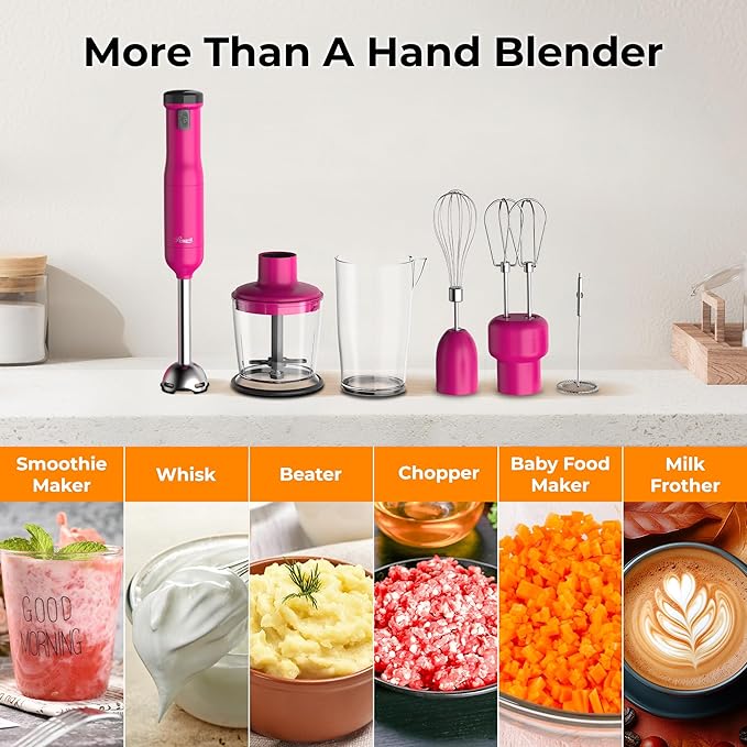 Rosewill 6-in-1 Multi-Speed Cordless Rechargeable Immersion Hand Blender, Heavy Duty Motor - Stick Blender, Beaker, Whisk, Chopper, Dual Beater, Milk Frother - For Smoothies, Baby Food, Soup - Rose
