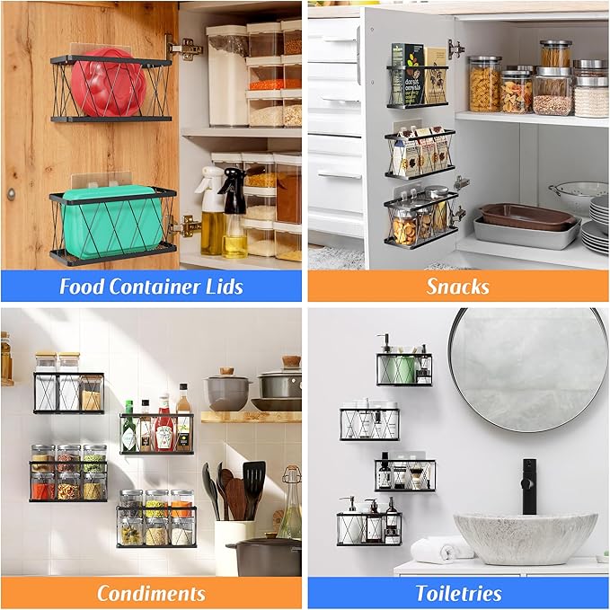 BasicForm 4 Pack Metal Kitchen Inside Cabinet Door Organizer, Adhesive Lid Organizers Cabinet Door Storage for Tupperware Lid, Storage Holder Basket for Kitchen Wall Mounted (Black)