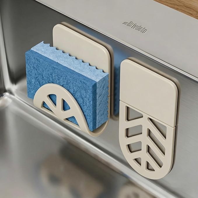 Flexible Sponge Holder for Kitchen Sink Adhesive - Bendable Silicone Sink Caddy 2 Pack, Metal Core Dish Scrubber Rack, Fold-Flat Organizer for Soap Brush Razor, Stone Wall Mount (Creamy White)