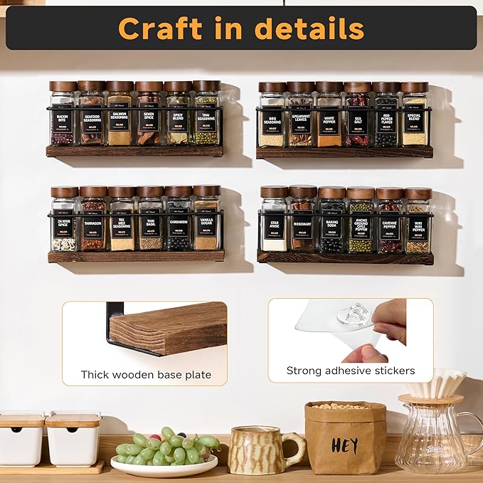 2-Tier Wall Mount Spice Rack Organizer - Screw/Adhesive Mount, Black Metal & Wood Spice Storage for Kitchen Pantry Cabinet, 11.6”W x 2.4”D x 3.2”H,Spice Jars Not Included