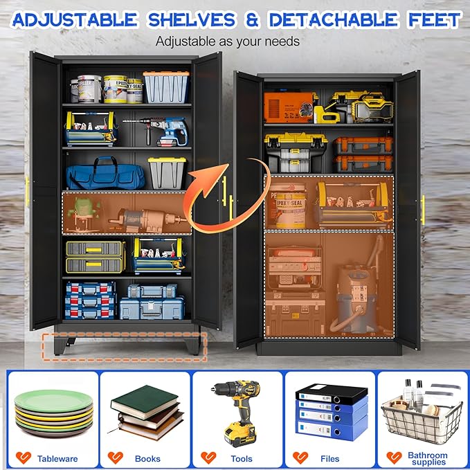 GAIOUS 75.2" Tall Metal Storage Cabinet with 2 Doors and 5 Adjustable Shelves, New upgrade Kitchen Pantry Cabinet, Black Freestanding Cupboard, 6 Tier Steel Storage for Office, Kitchen, Dining, Garage