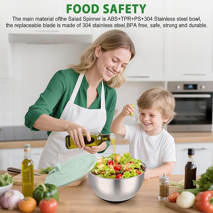 Salad Spinner Stainless Steel, 5.3 Qt Large Vegetables & Fruits Wash Bowl, Lettuce Washer Spinne with 5 Blade Slicer Egg Yolk Strainer, Lettuce Spinner with Stop Button Drain Spout for 2-3 Servings