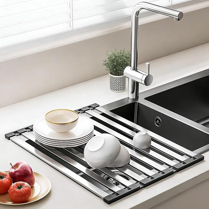 Over the Sink Kitchen Dish Drying Rack Organizer - Stainless Steel Collapsible Non-Slip Space-Saving [19.69 * 12.8IN] - Rust-Resistant Heat-Resistant Sturdy - Easy to Clean