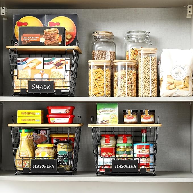 2 Set Large Stackable Wire Basket with Bamboo Tops & Tag- Pantry Organizer