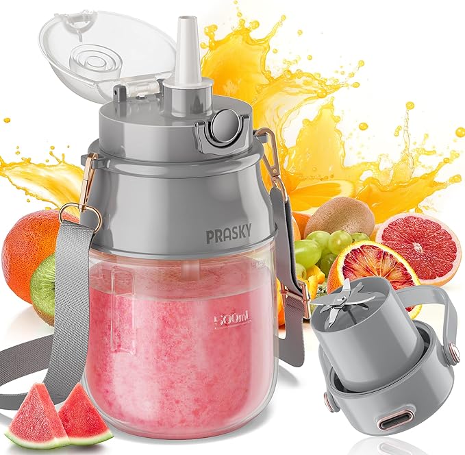 Portable Blender, 27oz Personal Blender for Smoothies & Protein Shakes with 70W Motor & Smart Lock, USB-C Rechargeable, BPA-Free for Travel/Office/Home/Gym Drink Mixer with Strap, Prasky (Light Gray)