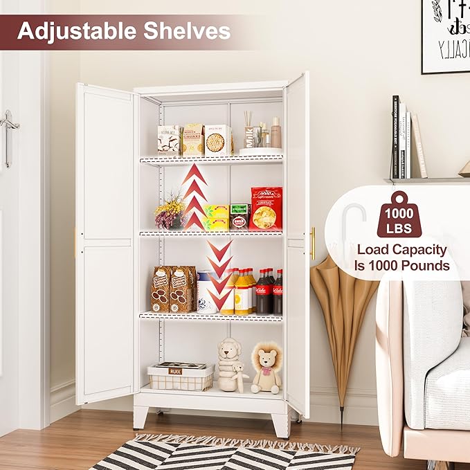 winiowa Metal Pantry Cabinet with 2 Doors and Adjustable Shelves, Kitchen Storage cabinets with Gold Handles, Versatile Storage for Laundry/Living Room,Bathroom,Dinning Room-White