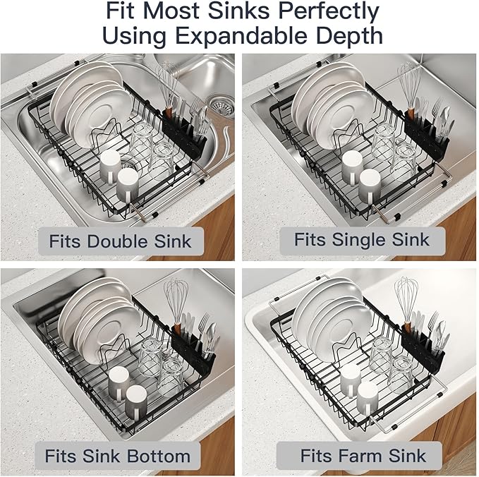 MAJALiS Expandable Stainless Steel Over The Sink Dish Drying Rack for Small Kitchen Counter Space Saving, Compact RV Plate Drainer Strainer in Black Wire Metal with Hanging Adjustable Utensil Holder