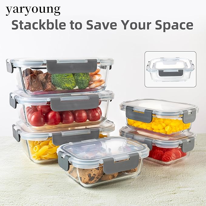 16PCS (8 Bowls + 8 Lids) High Borosilicate Glass Meal Prep Containers, Food Storage Containers with Airtight Lids, Glass Lunch Bento Boxes,Dishwasher Safe, grey