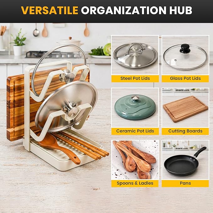 Pot Lid Holder with Removable Drip Tray, Multifunctional Double Layer Pot Lid Organizer for Countertop, Kitchen Pot Lid Storage Rack for Covers, Cutting Boards, Utensils (OFF-White)