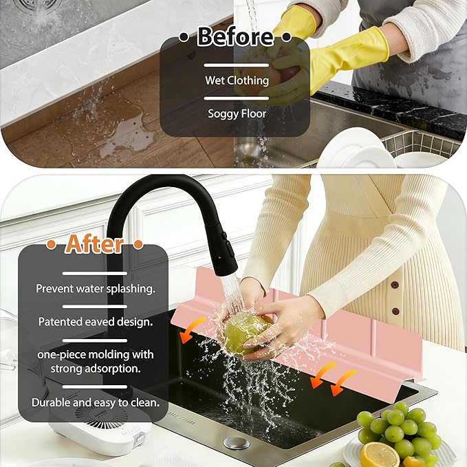 23Inch Sink Splash Guard – Extended Length & Tall Silicone Kitchen Sink Splash Guard with Overhang Drainage Design & Strong Suction Cups for Countertop (Lotus Pink, 23''x3.5'')