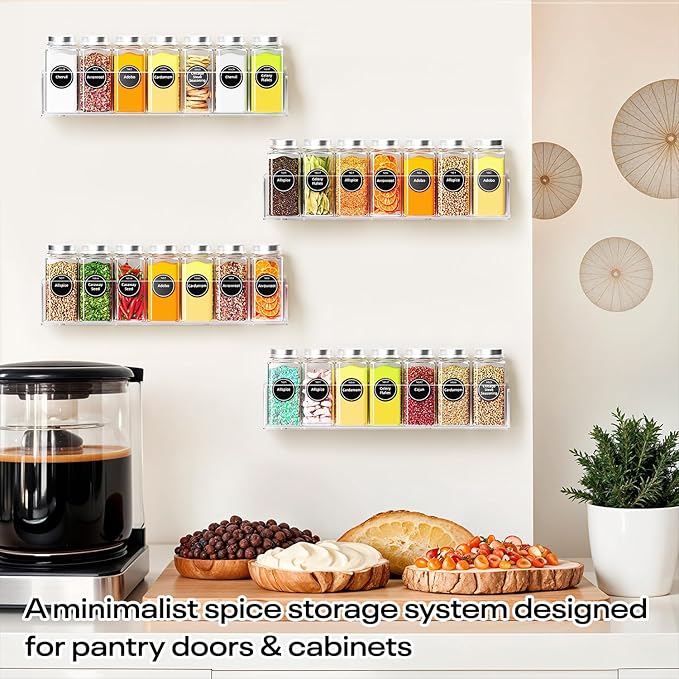 Wall Mounted Acrylic Spice Rack 4 Pack, 12 Inch Clear Pantry Door Organizer, Floating Spice Organizer, Adhesive or Screw Mounted Cabinet Seasoning Shelf
