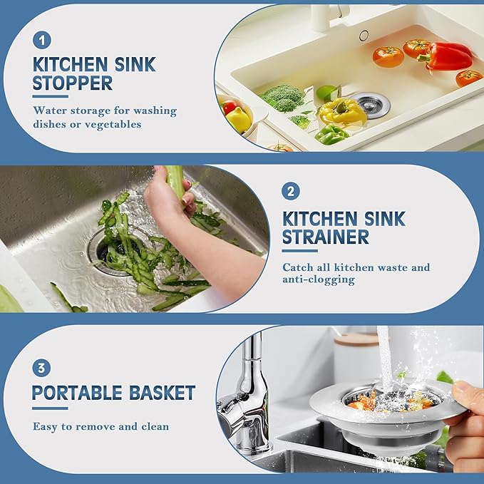Kitchen Sink Drain Strainer 3 Pack, 304 Stainless Steel Pop Up Sink Stopper, Anti-Clogging Sink Drain Strainer for US Standard Kitchen Drain (SUS304 Brushed)