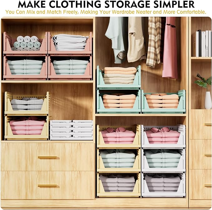 SNSLXH 8 Pack Stackable Closet Storage Bins, Multifunctional & Foldable Closet Organizers and Storage for Bathroom Kitchen Laundry Room Drawer Shelf Storage, Space-Saving Wardrobe Organizer, White