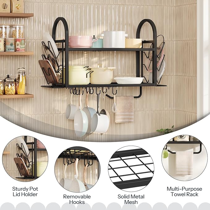 HOOBRO 30 Inch Pot Rack Wall Mounted, 2 Tier Pots and Pans Organizer with 6 Lid Holders and 10 Hooks, Wall-Mounted Pan Hanger with Towel Bar, for Kitchen Cookware Utensils Storage, Black BB100TL01