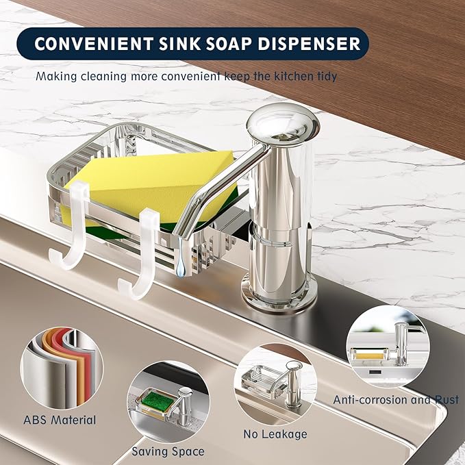 Soap Dispenser for Kitchen Sink, Mecyfaty Under Counter Sink Soap Dispenser Pump with 39" Extension Tube Kit, Built in ABS Kitchen Dish Soap Dispensers with Sponge Holder, No More Refills, Chrome