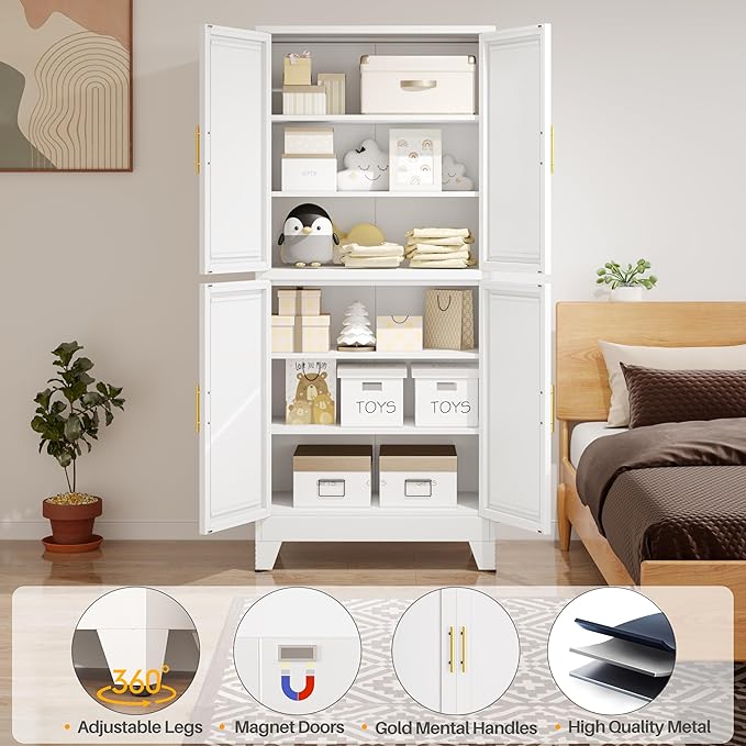 winiowa 75" Tall Kitchen Pantry Cabinet, Metal Storage Cabinet with Doors and Adjustable Shelves, White Freestanding Pantry Cabinet for Kitchen, Dining Room, Living Room, Laundry Room, Bathroom