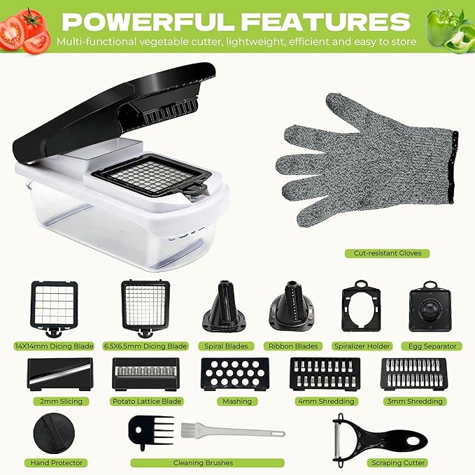 Multifunctional 17 in 1 Mandoline Slicer for Kitchen, Potato Slicer & Veggie Chopper with 6 Blades, Peeler, Safety Gloves, Easy Clean Food Chopper