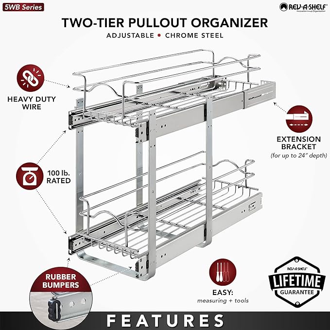 Rev-A-Shelf 2-Tier Pullout Shelf and Drawer Organizer for Kitchen Cabinets, Slide Out Storage Basket, Min Opening Width of 8.5", 9" x 22", 5WB2-0922CR-1