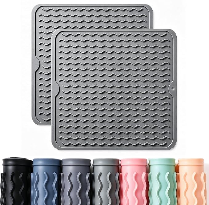 CAKETIME 2 Pack Silicone Dish Drying Mat for Kitchen Counter Coffee Bar Accessories Heat Resistant Waterproof Dining Under Sink Organizers Utensil Holder Decor Must Haves 12"x12" Gray