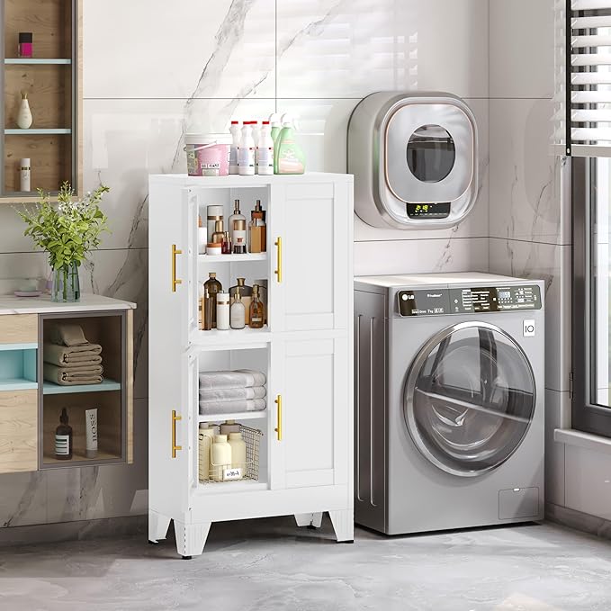 GAIOUS 47.25" Metal Pantry Cabinet, Storage Cabinets with 4 Door and 2 Adjustable Shelves, White Bathroom Cabinet, Freestanding Cupboard for Kitchen Dining Living Room Bathroom