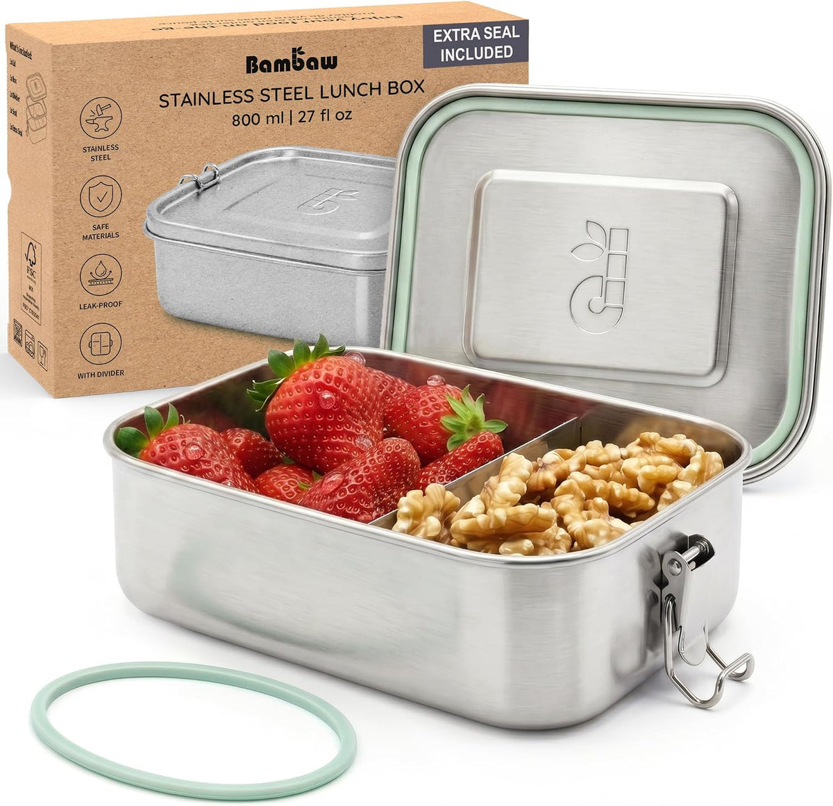Stainless Steel Bento Box 27 oz, Metal Lunch Box with Compartments, Leakproof Stainless Steel Lunch Container, BPA free Dishwasher Safe Metal Lunchbox