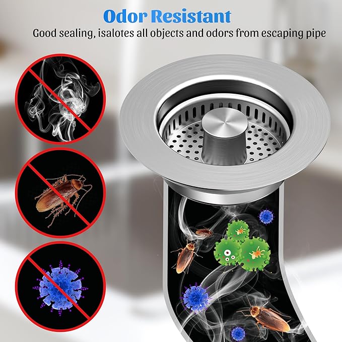 NinjaTiger Kitchen Sink Drain Strainer - Stainless Steel Sink Stopper 3-in-1 Pop-Up Sink Strainer with Anti-Clogging Basket Odor Filter Sink Drain Cover Plug for US Standard 3-1/2'' | Silver-1 Pack