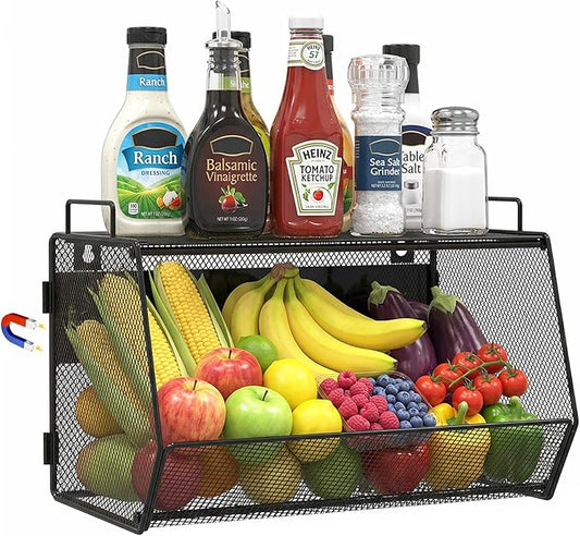 1 SET Magnetic Shelf for Fridge with Lid, Fruit Potato and Onion Storage Bins, Pantry Organizers and Storage, Large Container Magnetic Spice Rack for Refrigerator, Kitchen Counter & Cabinet