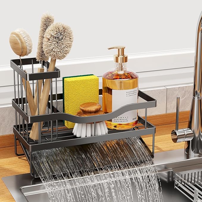 Sponge Holder for Kitchen Sink, Mecyfaty Sink Caddy with Self Drain Tray, Kitchen Sink Organizer, Stainless Steel Countertop Sink Sponge Holder for Dish Soap Kitchen Organizers and Storage Accessories