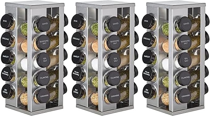 Kamenstein 20 Jar Heritage Revolving Countertop Spice Rack Organizer with Spices Included, FREE Spice Refills for 5 years, Brushed Stainless Steel with Black Caps (Pack of 3)