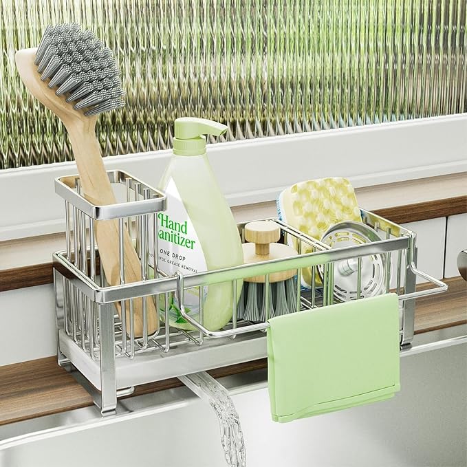 SWTYMIKI Sponge Holder for Kitchen Sink - Sink Caddy with Brush Holder Self-draining Sponge Caddy Organizer with Divider Stainless Steel Kitchen Accessories Storage for Countertop, Silver - Large