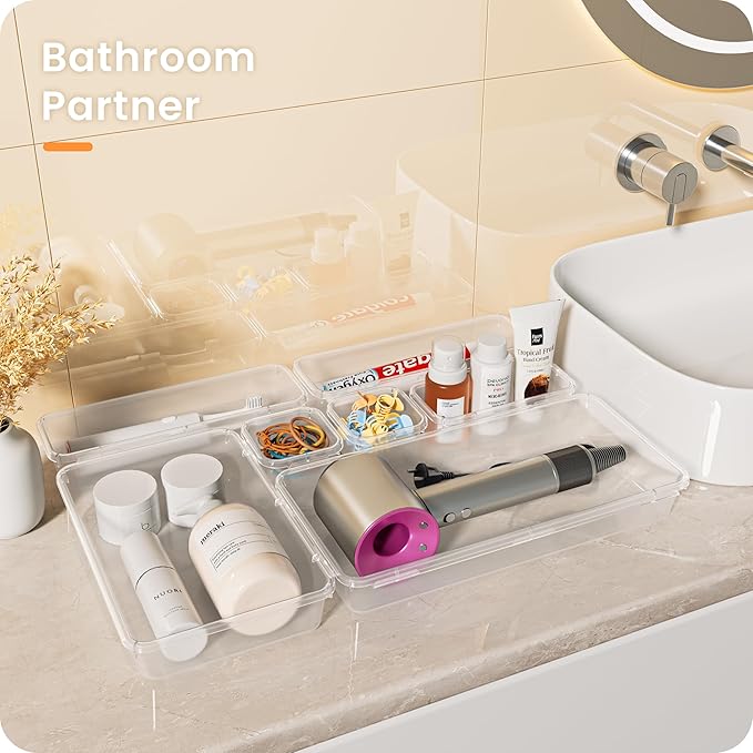 A-LuGei 【Military Grade】 Drawer Organizer, 【𝟱𝗦𝗶𝘇𝗲】 Makeup organizer, 【Holds 177 Items】 Bathroom Organizers and Storage, Organization and Storage, Desk Drawer Organizer for Vanity (Clear)