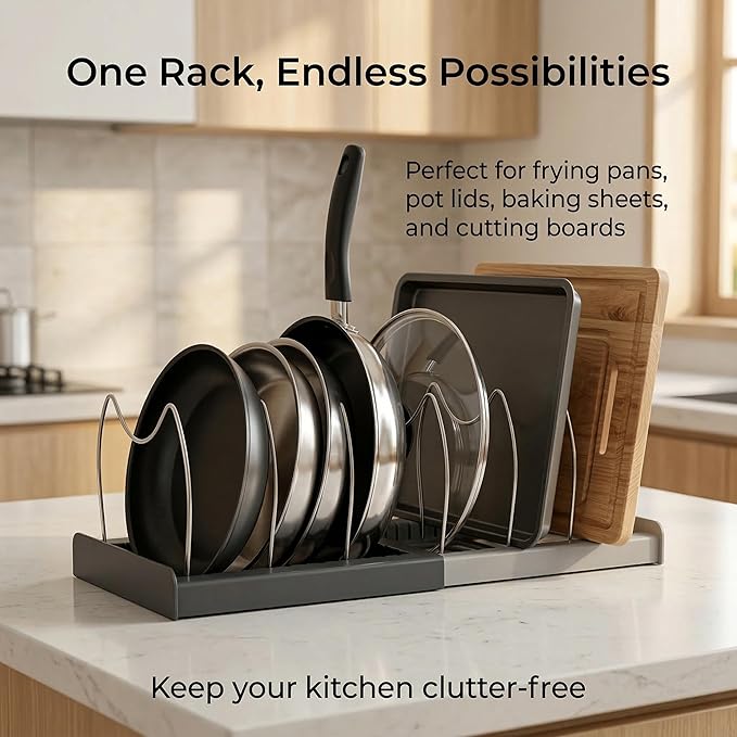 OMIO Expandable Pot Lid Organizer Rack for Under Cabinet, Adjustable 12"-22" Kitchen Storage with 7 Steel Dividers, Scratch-Resistant ABS Base for Pans, Cutting Boards, Bakeware, Grey
