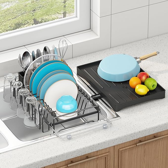 ANTOPY Dish Drying Rack in Sink, Expandable Rustproof Dish Rack for Kitchen Counter, Over the Sink Dish Drainer with Utensil Holder, Cup Rack, Drainboard, Space Saving Dish Dryer Rack for Inside Sink