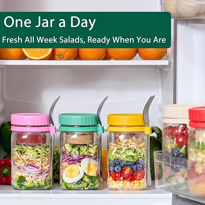 Danmu 32 oz Salad Jars with 2 Dressing Cups & Forks - Glass Mason Jar Meal Prep Containers,Wide Mouth,Leak Proof,Dishwasher Safe - Dry Wet Food Separation for Fresh Salad,Leftovers 4 Pack