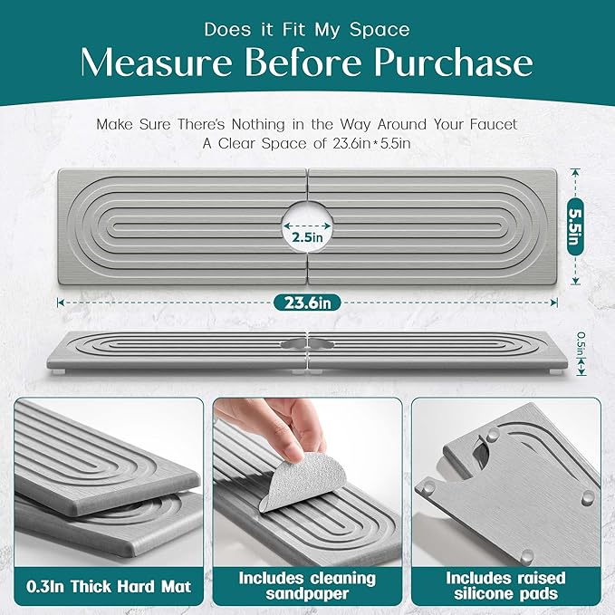 eormoe Kitchen Faucet Absorbent Mat - Large Diatomaceous Earth Splash Guard for Sink Faucet, Aesthetic Water Absorbing Stone Tray in The Modern Home (Grey, 23.6" x 5.5")