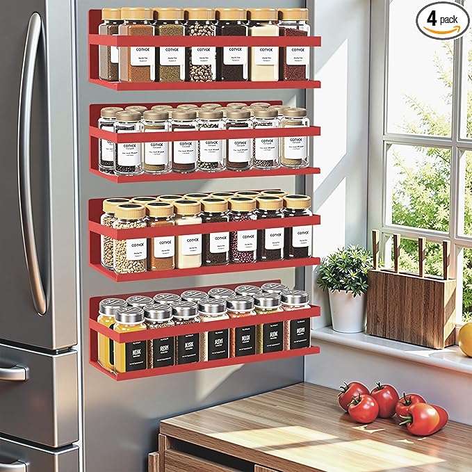 SMRCAD Magnetic Spice Rack for Refrigerator Seasoning Organizer for Spice Fridge Shelf storage Magnetic Shelf with Hook for Oven (RED -cut out, 4pack)
