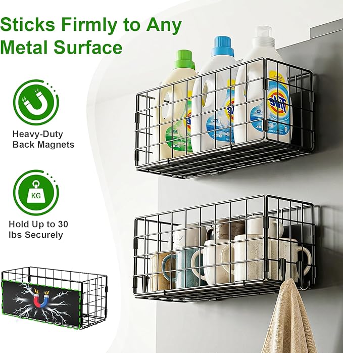 2 Pack Magnetic Basket for Laundry Room & Fridge Side, Large Metal Fruit Potato Onion Storage Bin with Strong Magnets & Hooks, Magnetic Organizer Shelf for Refrigerator