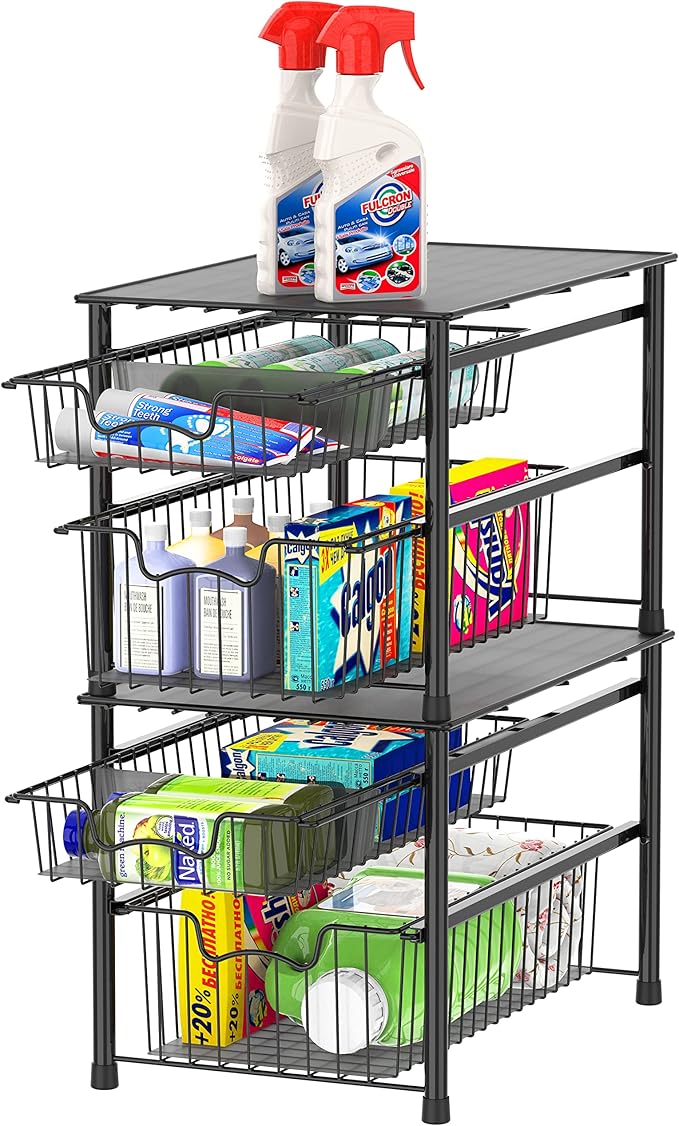 Simple Houseware Stackable Sliding Basket Organizer Drawer, Black, 2-Tier