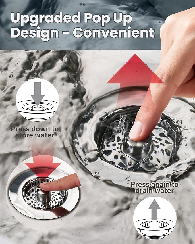 ARCORA Kitchen Sink Drain Strainer: Stainless Steel 3 in 1 Sink Stopper with Anti-Clogging Basket, Kitchen Strainer with Brass Bounce Core for Standard 3-1/2 Inch Drain, Chrome