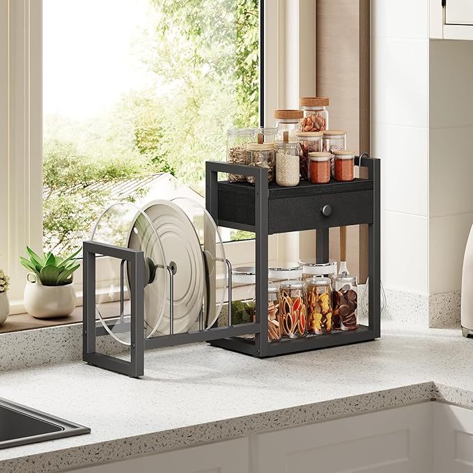 MAHANCRIS Countertop Shelf Organizer, Pots and Pans Organizer Rack, Pot Lid Holder with 1 Drawer, Pot Lid Organizer Holder with 2 Hooks, for Kitchen, Dining Room, Black POBK2201