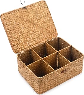 Tea Bag / Sugar Packet Holder, Coffee Station Condiment Organizer, Seagrass Storage Basket, Wicker Rattan Divided Basket Organizer for Drawer/Shelf/Countertop